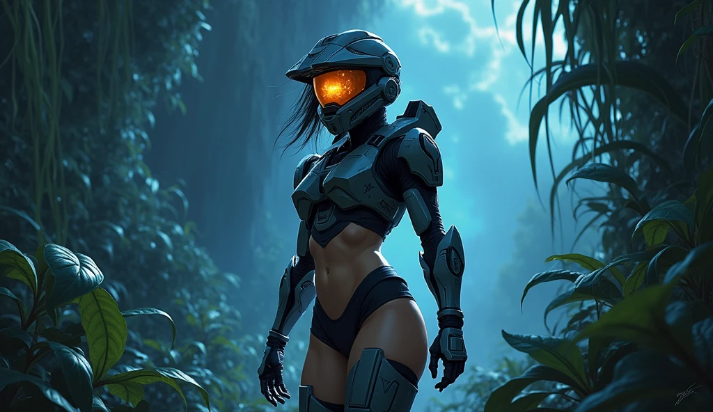 Halo, linda, Spartan woman sexy, 1girl, anime, On an inhospitable planet, Full of vegetation Night