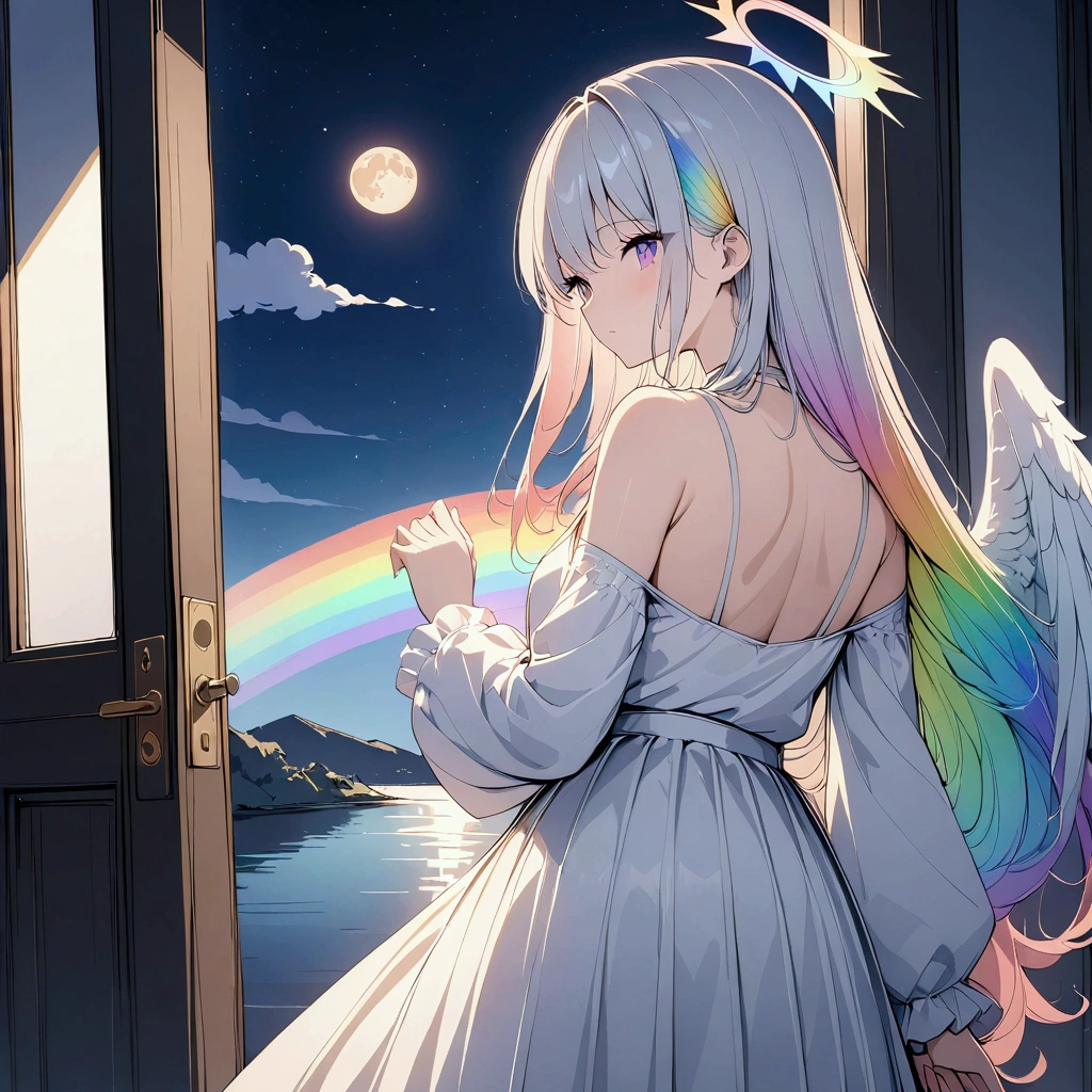(((anime))) One Woman,Behind the door,Door on the lake,Heaven is at the door,Angel turning his back,Large iridescent feathers,Long Hair,(Rainbow Hair),Angel halo white camisole,Volume sleeve,Long skirt,Black boots,night,full moon,star,Backlight,masterpiece,Highest quality,Exquisite,8k,Absurd,Ultra-fine illustrations,
