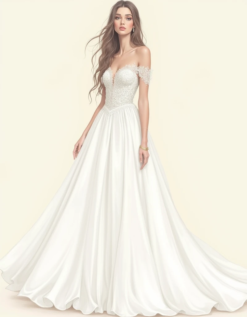 a young woman, Wear a wedding dress, white wedding dress, Full-body drawing, thin, Long legs