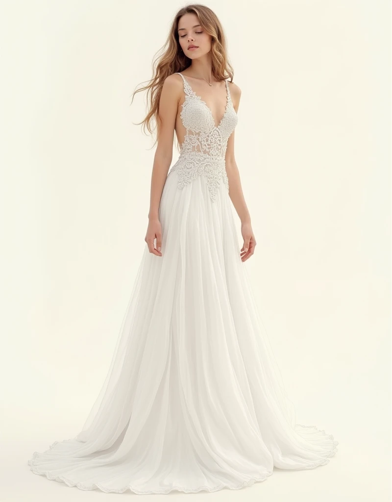 a young woman, Wear a wedding dress, white wedding dress, Full-body drawing, thin, Long legs