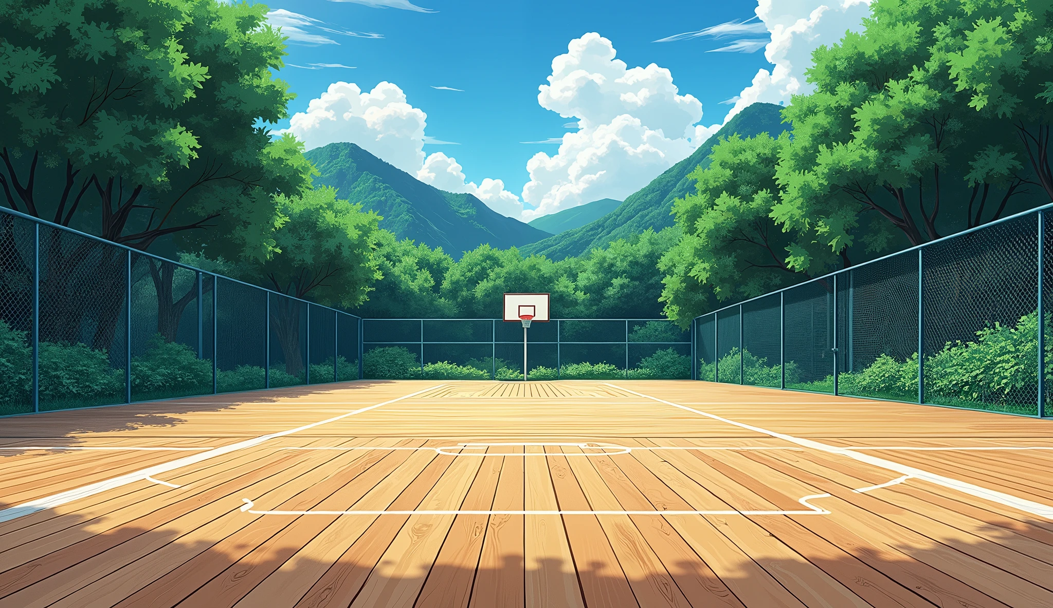 a Japanese outdoor school basketball court. the floor is wooden, the court is empty without any people; masterpiece, super detailed. close up image, anime art