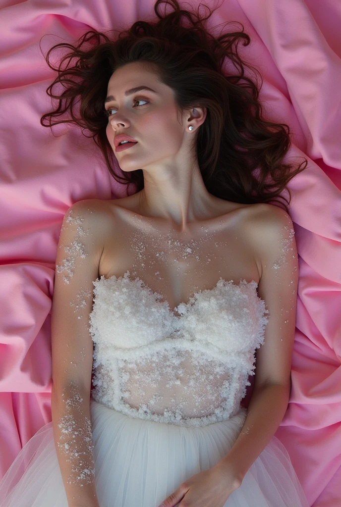 a beautiful young woman laying on top of a pink blanket, inspired by David LaChapelle, dress made of water, nathalie emmanuel, covered in salt, editorial model