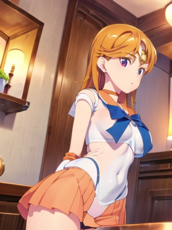 1 girl, light smile, shiny skin, highest quality, table top, (game CG:1.4), NSFW, detailed beautiful face and eyes,big breasts、small area see-through lingerie, sailor venus, I could feel the fight, Severe, cowboy shot、big and full breasts、full moon night、beautiful starry sky、((highest quality)), (Super detailed), very detailed, High resolution raw color photos, professional photography, ((beautiful big breasts)), wonderful face and eyes, (see through panties:1.2)、、big ass、looked back、Close up of cameltoe、from below