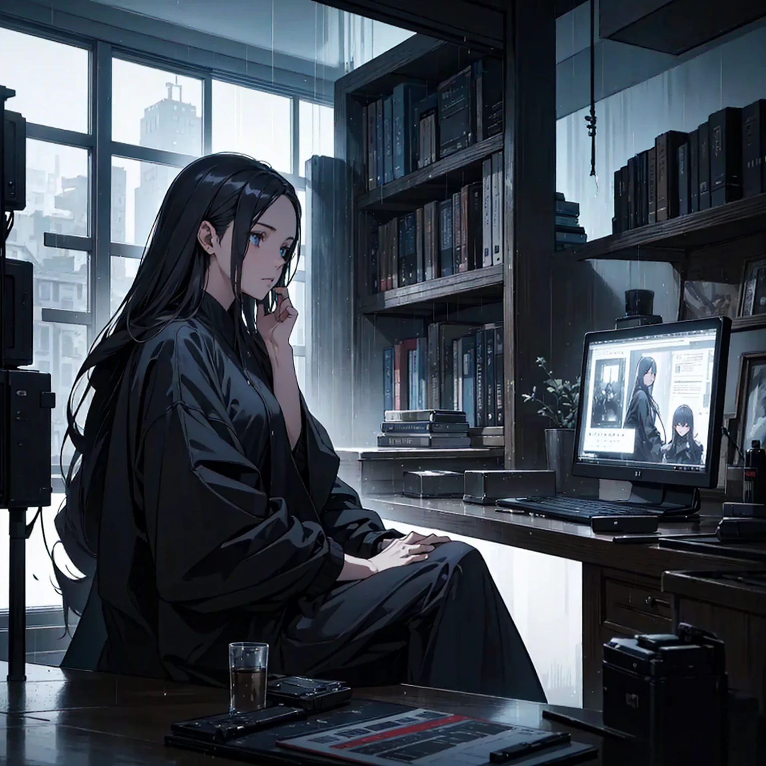 Dark indoor,Woman Without a Face,Sitting in front of a computer,artistic,Rain outside the window,1人,Long -niji 6 --aspect 1:1 --stylize 1536x1536--quality 1 --chaos 0y Greg Rutkowski,