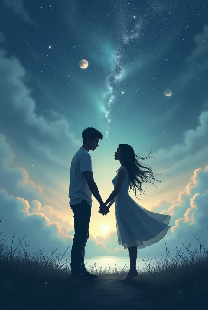 two people holding hands under a starry sky, surrounded by a dreamy, ethereal landscape