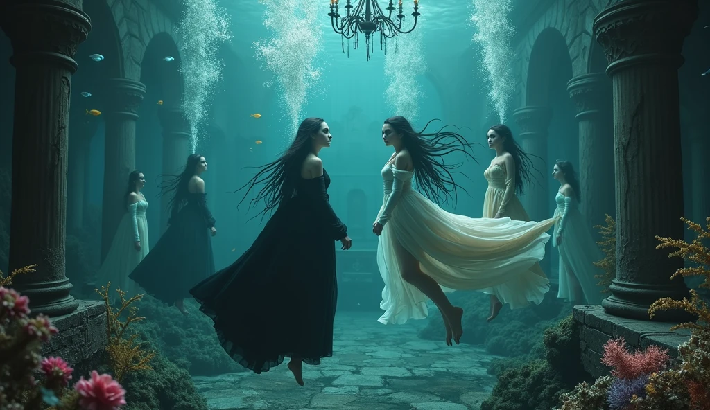 "A full-body shot of a (extra wide angle 1:1) in a dark low light deep sea medeval ballroom in an old gothic palace that has gone under the sea. Super-big ballroom. 2 queen twin sisters curled up and their 5 girlfriends swimming randomly, waiving theyr arms in the sea. Surrounded by coloured fishes. Swimming with body laying horizontally, swimming with body laying vertically, swimming down, swimming up. The queens have a big light-colored eyes, black super-long long hair. Their girl-friends have a long hair also blue and green perfect detailed eyes.Their wering black dresses. Pink and gold dresses. Dresses in many layered lace and shiffon torned and ripped. ( perfect hands, five fingers on each hand.) Small breasts cleavage, (hyper realistic perfect eyes 1:1). White perfect skin. Queens surrounded by Perished under-water palace 1:1 Wearing a layered black, white and gold ballroom dresses with lace and shiffon. On the bottom of the sea are golden crowns, adorned with pink crystals 1:1. Bright colourd fishes swimming arround. Cancers. Corals. seamoss. Octopus. The scene a beautiful empresses swimming ghoasts, their long hair flowing every way, in their face. Sad. (Best Quality Detailed faces)1:1. A medieval fairytale vibe, with a big black intricate throne in a corner with tonns of seamoss and seeweed on it, a broken medeval chandelier with few broken candles scattered all around. In a fantastic scene that uses detaled realistic 3D model. Big gold gothic medieval five armed candlesticks-no light sit on a blacktable on the seafloor, surrounded by crystal wine glasses—one tipped over and broken. The entire setup is Best Quality, masterpiece 1:1, capturing the essence of a beautiful and happy girls, fantastical gothic setting, Dark deep sea Low lighting under neath, framed with the grandeur of medieval gothic style. (8K).