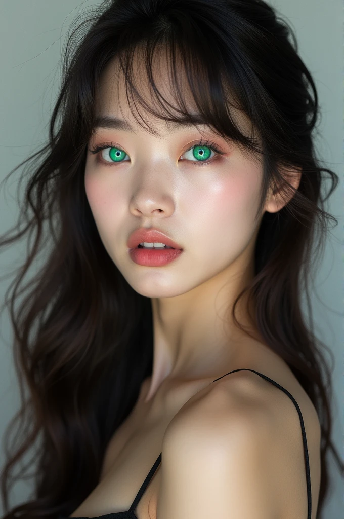 1 Korean girl, white skin, v-line face and very sharp facial features and angles, phoenix eyes, high nose, pink and heart lips, long hair and long bangs, wearing green lenses, Slim and sexy figure, kpop idol, close-up photo, mature girl, model