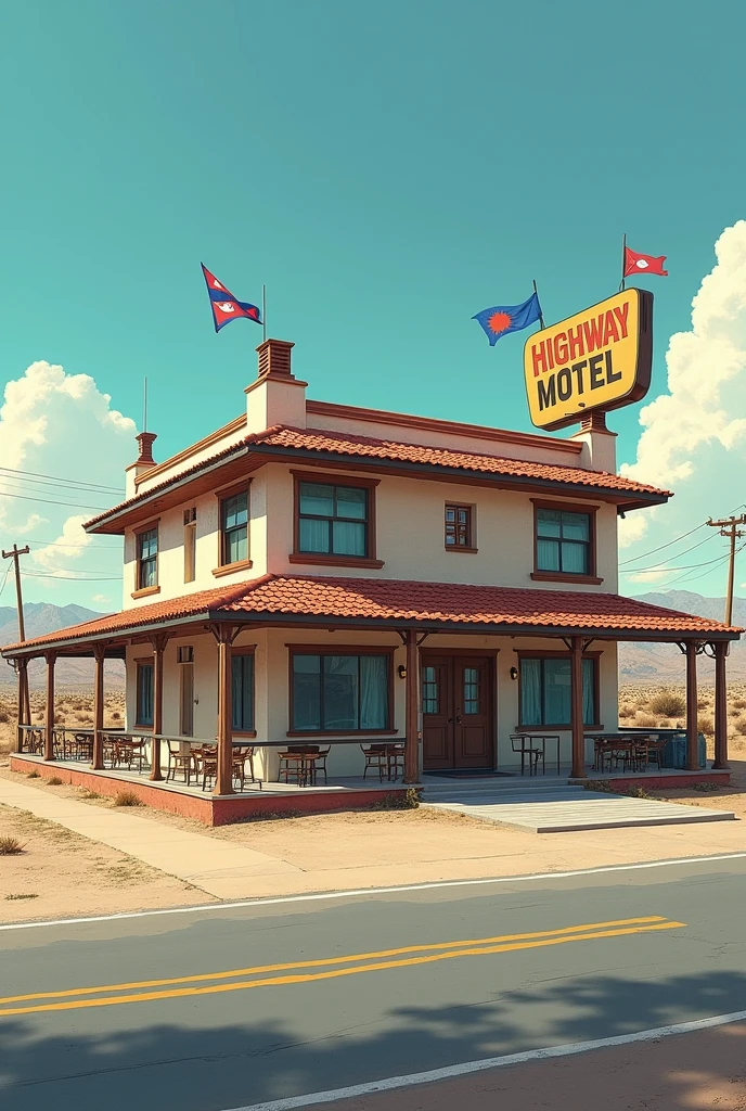 There is a motel name highway motel Nevada Motel which has 2 story building on L shape building looks, ground floor has open restaurant and building looks like classic design roof has cover with tiles and there is 10 rooms and building has nepali flags on highway