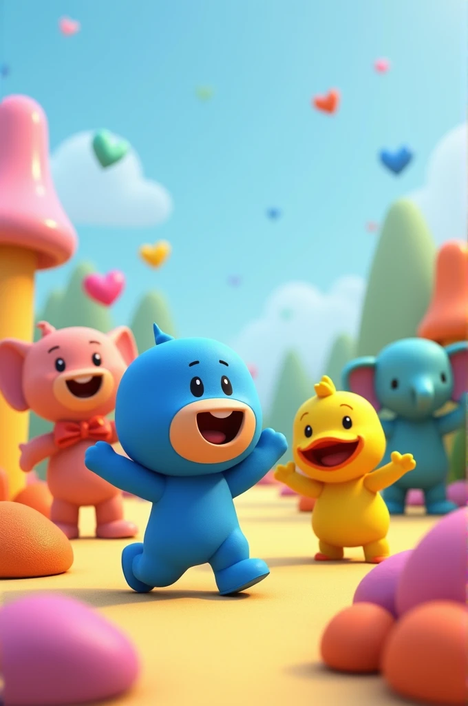 Pocoyo waves while playing with his friends