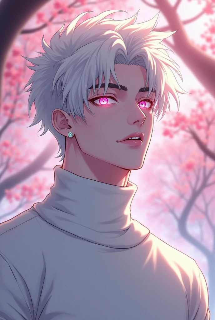 anime character, White hair, spiky hair, Pale skin, pink eyes, Long white eyelashes, male, muscular, white small earrings, big glossy lips, cherry blossom trees, grey eyebrows, white sweater,