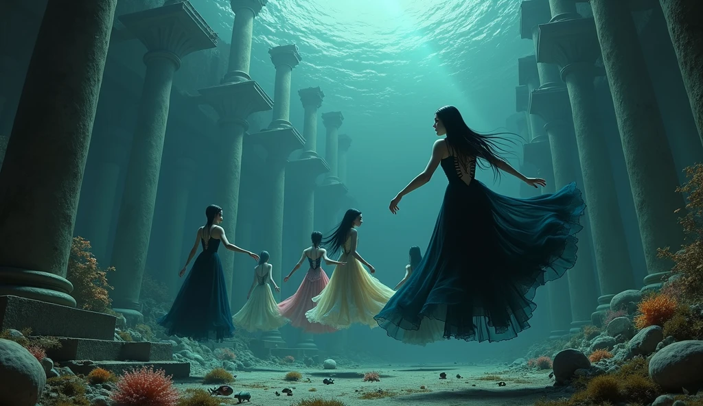 "A full-body shot of a (extra wide angle 1:1) in a dark low light deep sea medeval ballroom in an old gothic palace that has gone under the sea. Super-big ballroom. 2 queen twin sisters and their 5 girlfriends swimming arround in the sea. Swimming horizontally, vertically. The queens have a big light-colored eyes, black super-long long hair. Their girl-friends have a long hair also blue and green perfect detailed eyes.Their wering black dresses. Pink and gold dresses. Dresses in many layered lace and shiffon torned and wet ( perfect hands, five fingers on each hand.) Small breasts cleavage, (hyper realistic perfect eyes 1:1). White perfect skin. Queens surrounded by Perished under-water palace 1:1 Wearing a layered black, white and gold ballroom dresses with lace and shiffon. On the bottom of the sea are golden crowns, adorned with pink crystals 1:1. Bright colourd fishes swimming arround. Cancers. Corals. seamoss. Octopus. The scene a beautiful empresses swimming ghoasts, their long hair flowing all around. Sad. (Best Quality Detailed faces)1:1. A medieval fairytale vibe, with a big black intricate throne in a corner with seamoss on it, a broken medeval chandelier with few broken candles hanging from the ceiling. In a fantastic scene that uses 3D Surreal 3D model. Big gold gothic medieval five armed candlesticks sit on a blacktable on the seafloor, surrounded by crystal wine glasses—one tipped over and broken. The entire setup is Best Quality, masterpiece 1:1, capturing the essence of a beautiful and happy girls, fantastical gothic setting, Dark deep sea Low lighting under neath, framed with the grandeur of medieval gothic style. (8K).