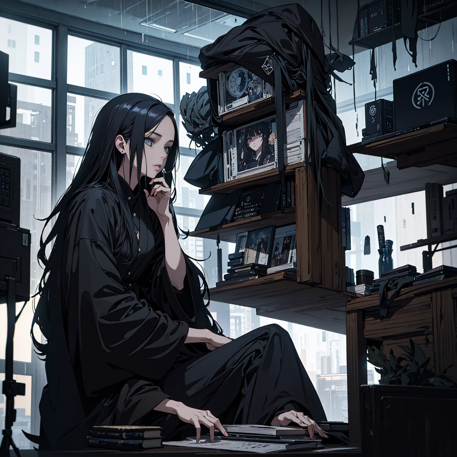 Dark indoor,Woman Without a Face,Sitting in front of a computer,artistic,Rain outside the window,1人,Long -niji 6 --aspect 1:1 --stylize 1536x1536--quality 1 --chaos 0y Greg Rutkowski,