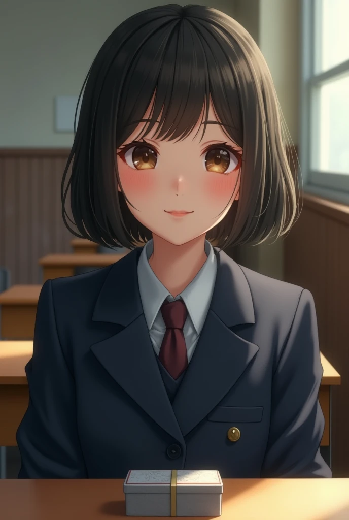 Highest quality, Face Focus, Soft Light, Ultra-high resolution, (Realistic:1.4), RAW Photos, 1 Japan, alone, cute, (A shy smile:0.5), (Brown eyes, Light in your eyes), Beautiful face in every detail, (Small box),(High resolution detail of human skin texture), (Short Bob Hair), break, In the classroom,Navy uniform, Best, skirt