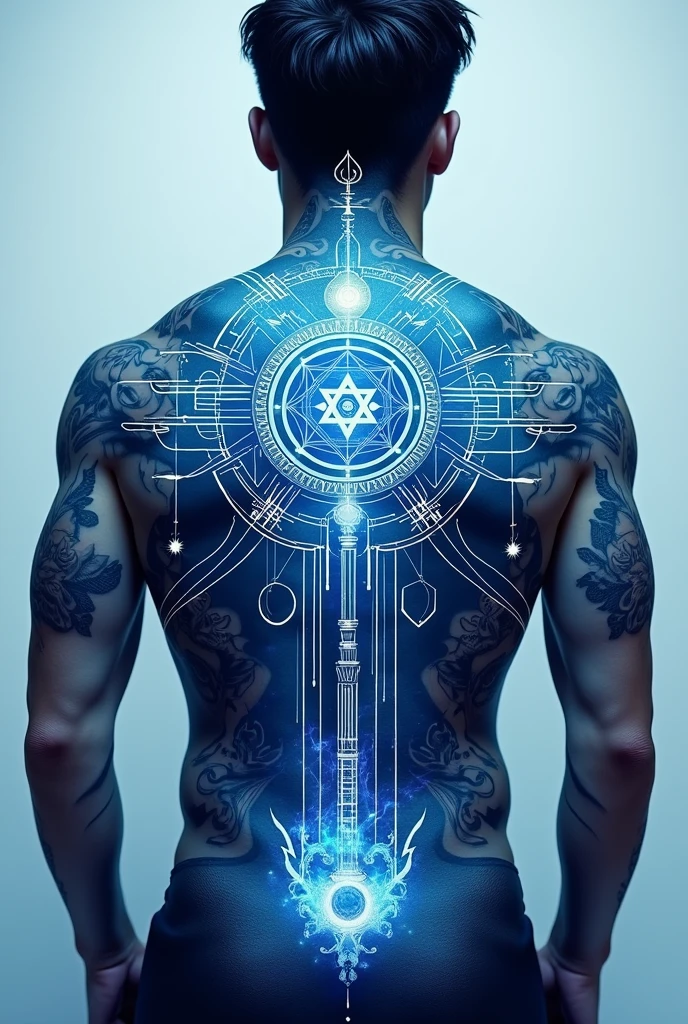 Develop a blue print sketch of a powerful tattoo that generates and charges the user with geometrical and vibrational powers include all symbols of wisdome and power and protection and elements and unified field for men back
Ok develop detail pluprint of it so i can duplicate it