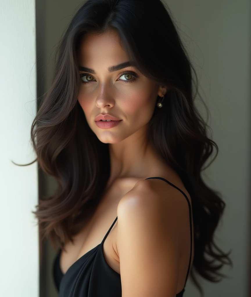 1 Girl,full body shot (1.3),close shot (1.3), face close-up, corridor,Soft Light, Italian Beauty,Tight Fit,dress,Light-haired,long hair,
white background, gorgeous American-Italian girl, doll face, with thick and long wavy dark black hair, big and large slender cat green bright eyes, long and thick curly black eyelashes, button upturned nose, high nose bridge, fullest and plumpest with a pout at the top rosy red luscious lips, oval face shape, high cheekbone, shorter face, shorter chin, defined jawline, tiny face size, pale milky white traslucent perfect skin, whitening skin, hourglass shaped body, tiny and narrow waist, rounded hips, long and slender beautiful legs, big perfect brests (1.4), large breasts, bust size 83 cm, waist 58 cm, hips 86 cm, bra size 32 C, tall at 5’7, full body image, realistic, photorealistic, ultradetailed, skin texture, hyperealismHigh Resolution, Closed Mouth, highly detailed, high resolution 8K, wearing a tight fit black dress highliting her horglass body, 25-years-old