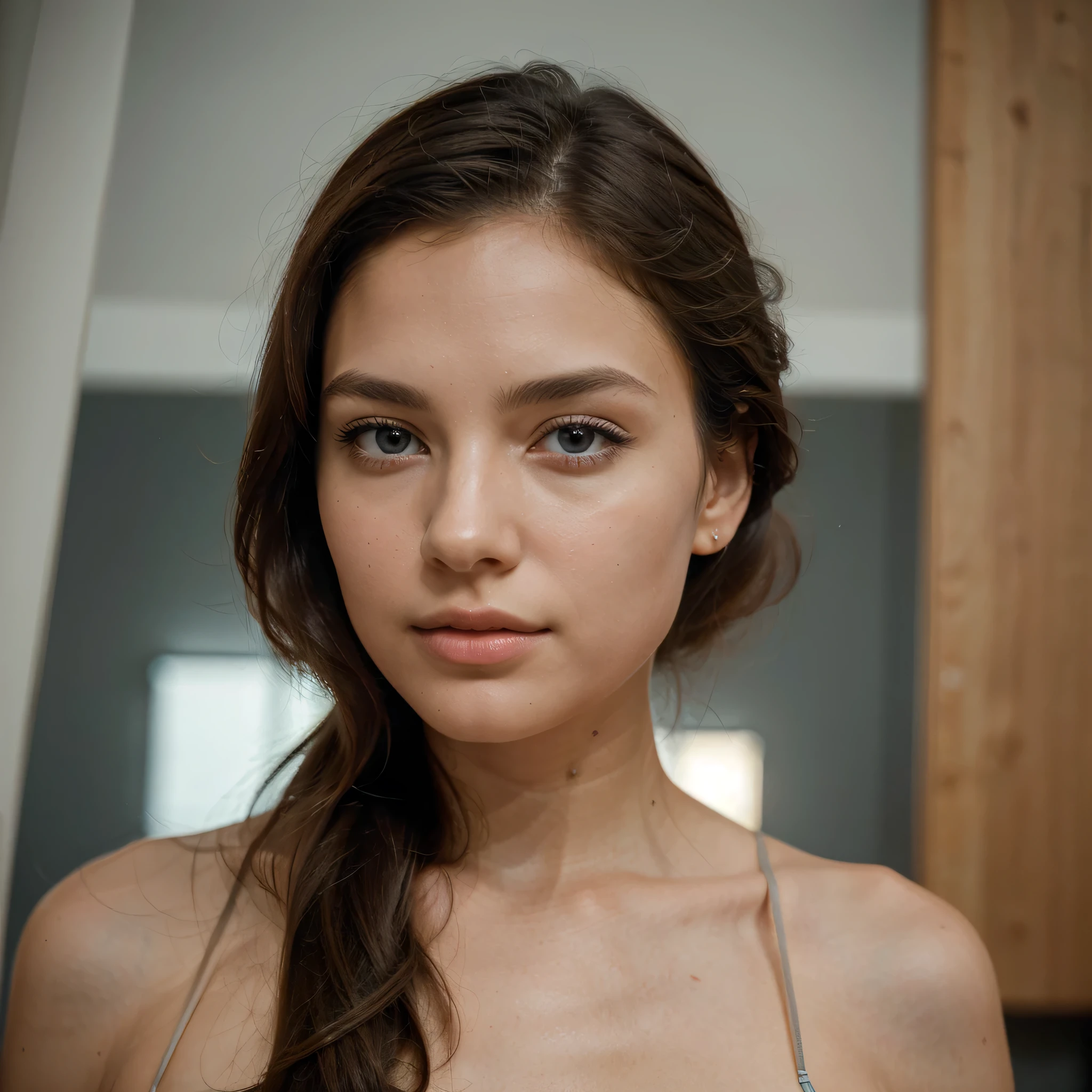 Elegant and artistic photo of a 2 woman with a natural and refined beauty. She has long, wavy brown hair, smooth skin with a warm, healthy glow, and delicate, symmetrical facial features. Her minimal makeup highlights her natural allure, showcasing her expressive blue eyes, well-shaped eyebrows, and straight nose.

For this shot, place her in an artfully arranged studio setting with a creative, modern backdrop. She could be interacting with art supplies or artistic elements, such as a canvas or sculptural objects, conveying an air of creativity and sophistication. Position her in a dynamic yet graceful pose, perhaps mid-gesture as if she's arranging an artwork or in a thoughtful, poised stance.

The background should feature clean lines and artistic details, such as abstract art, elegant decor, or a well-designed backdrop with subtle textures and colors that complement her look. Use a standard lens (50mm) with a slight vignette effect to focus sharply on the model while gently blurring the artistic background elements. Incorporate natural or soft studio lighting to highlight her features and enhance the artistic atmosphere. The overall mood should be creative, refined, and engaging, reflecting the model’s elegance and artistic flair.