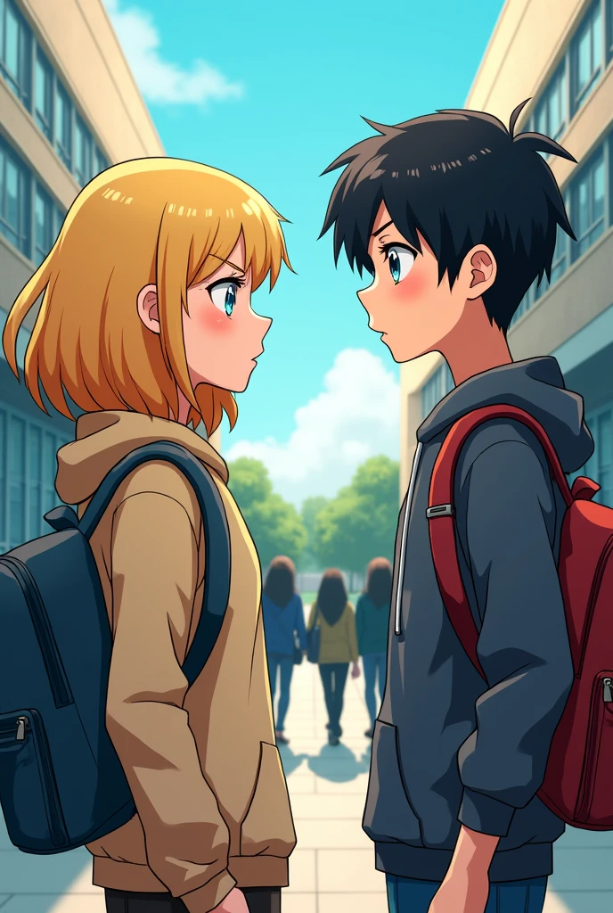 two guys. One has blonde hair and blue eyes, one has black hair and black eyes. Still at student ,drawn comic style.Fellow high school students stood with their backs turned and looked at each other