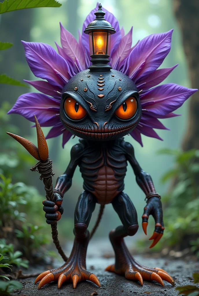 Character inspired by an exotic plant with a flower with dark purple that covers its orange eyes shining through its mouth in the shape of a plant a lantern on its head a spike on its left arm of the legs agenda decorated with green is light orange of the legs agenda mix has orange has dark light green of the legs black is a dangerous fighter side