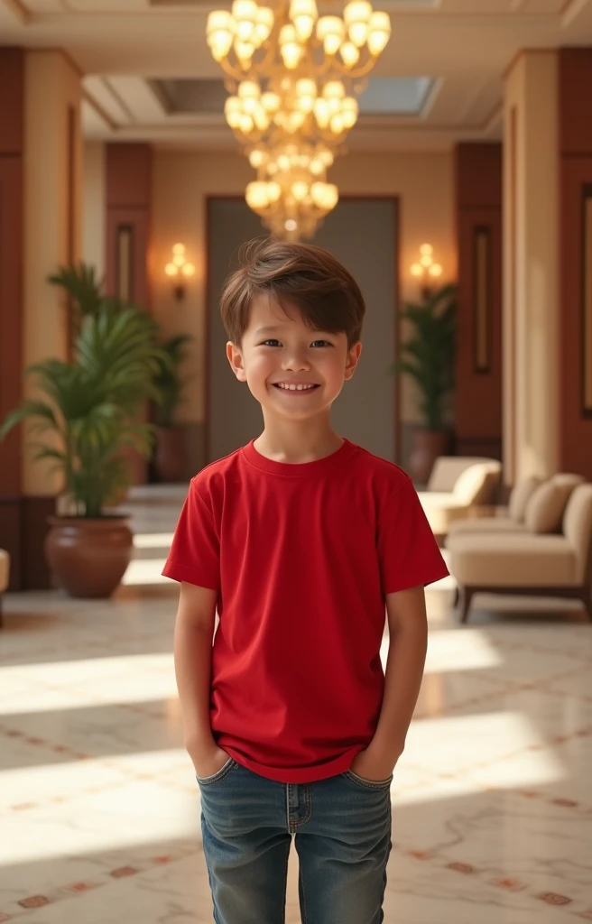 can you add red tshirt this boy in image and change background to hotel