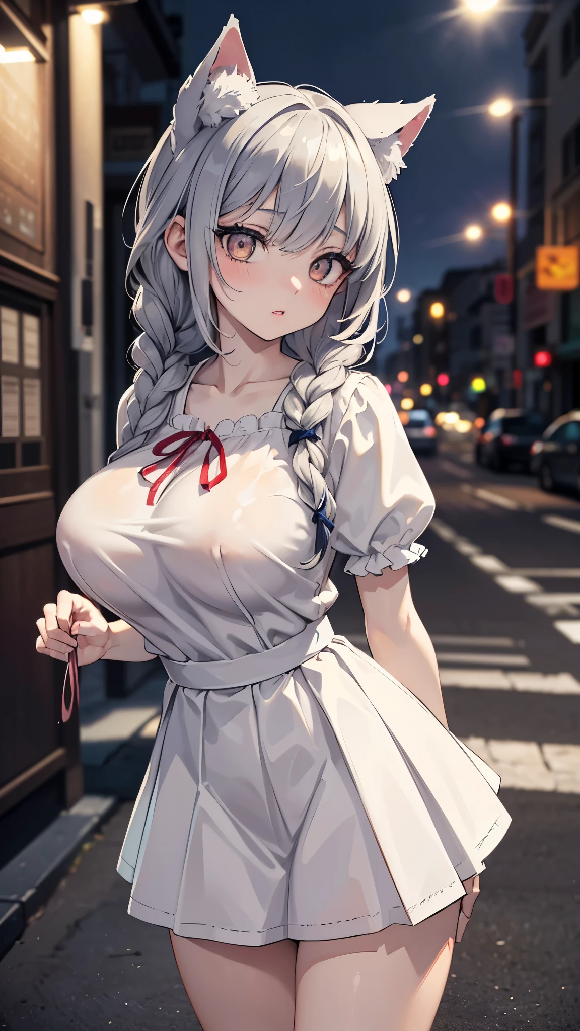 (masterpiece, 最high quality, 超High resolution, Very detailed), (Realistic:1.1, photoRealistic:1.4), Perfect illustration, Perfect lighting,Perfectly detailed hair, Perfect and exquisite face, Perfect collarbone, Perfect body,Juicy breasts, Perfect Thighs, Beautiful legs, View your audience, 1 person,Perfect Face, (Perfect Anatomy, Anatomically correct), Symmetrical face、((Shiny Hair)),Sexy Body、(masterpiece),(最high quality:1.3),8k,Very clear,(Ultra-realistic),Captivating woman,(high quality, High resolution, The finer details), Realisticなスタイルの女性,Juicy breasts、Perfect Woman、Perfect Face、Symmetrical face、、Cowboy Shot、((Big breasts))、blush、((Juicy lips))、(((Straight braided grey hair)))、((Double yellow big eyes、Long eyelashes))、(Red Makeup)、((Animal Ears))、(((White naughty tops)))、(((White short skirt)))、(Healthy and well-developed body)、((Big tits jk))、(Outdoor、On the street at night)