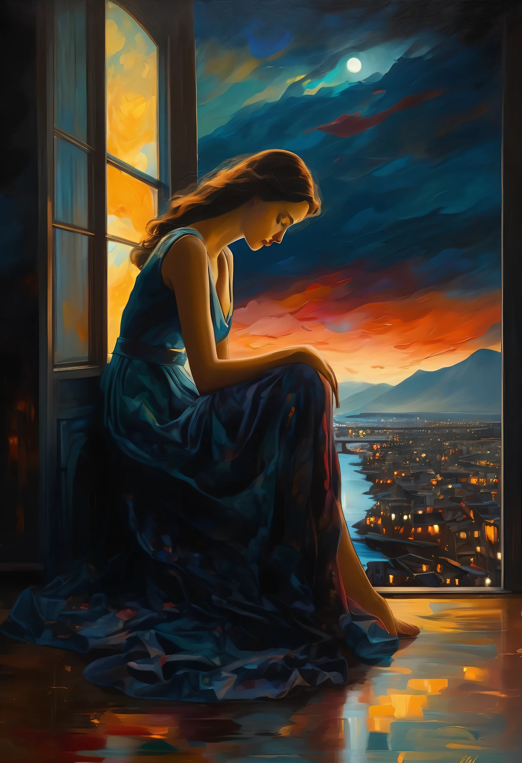 (Sensual illustration chiaroscuro), Illustration art, By Irina Kapi. Surrealism, Vintage Abstraction,  (Painting of a woman looking at the night view outside a bay window:1.2), Super detailed、Woman crying over broken heart looking at night view, Highest quality, masterpiece, Painting, Concept Art, Emotional, Atmospheric, Romantic aesthetics, Represents transformation and the ability to see beyond the surface、Ultra high definition、(deep, Delicate colors) paint (draw) 、The highest masterpiece、Highest quality、