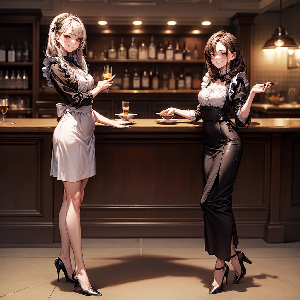 (masterpiece:1.3),(best quality, highest quality),((Full Body Shot,Including face)),girls,4K,masterpiece,((Focus on the face)),((Symmetrical facial features)),Beautiful woman,(slender),((High heels)),Detailed depiction of the face, Cafe ,bar,Maid clothes,skirt,Age 25,(smirk),