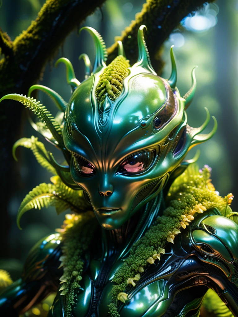 alien flora, sitting on the trees, another planet flora, alien, Futuristic, foam, tactical, sleek, dark, highly detailed, alien forest, sunny day in forest, Miki Asai Macro photography, close-up, hyper detailed, trending on artstation, sharp focus, studio photo, highly detailed, macro photo, by greg rutkowski, intricate details, realistic, 8k, sharp details, masterpiece, artstation, Panoramic, iridescence, hdr, sun light, metallic,