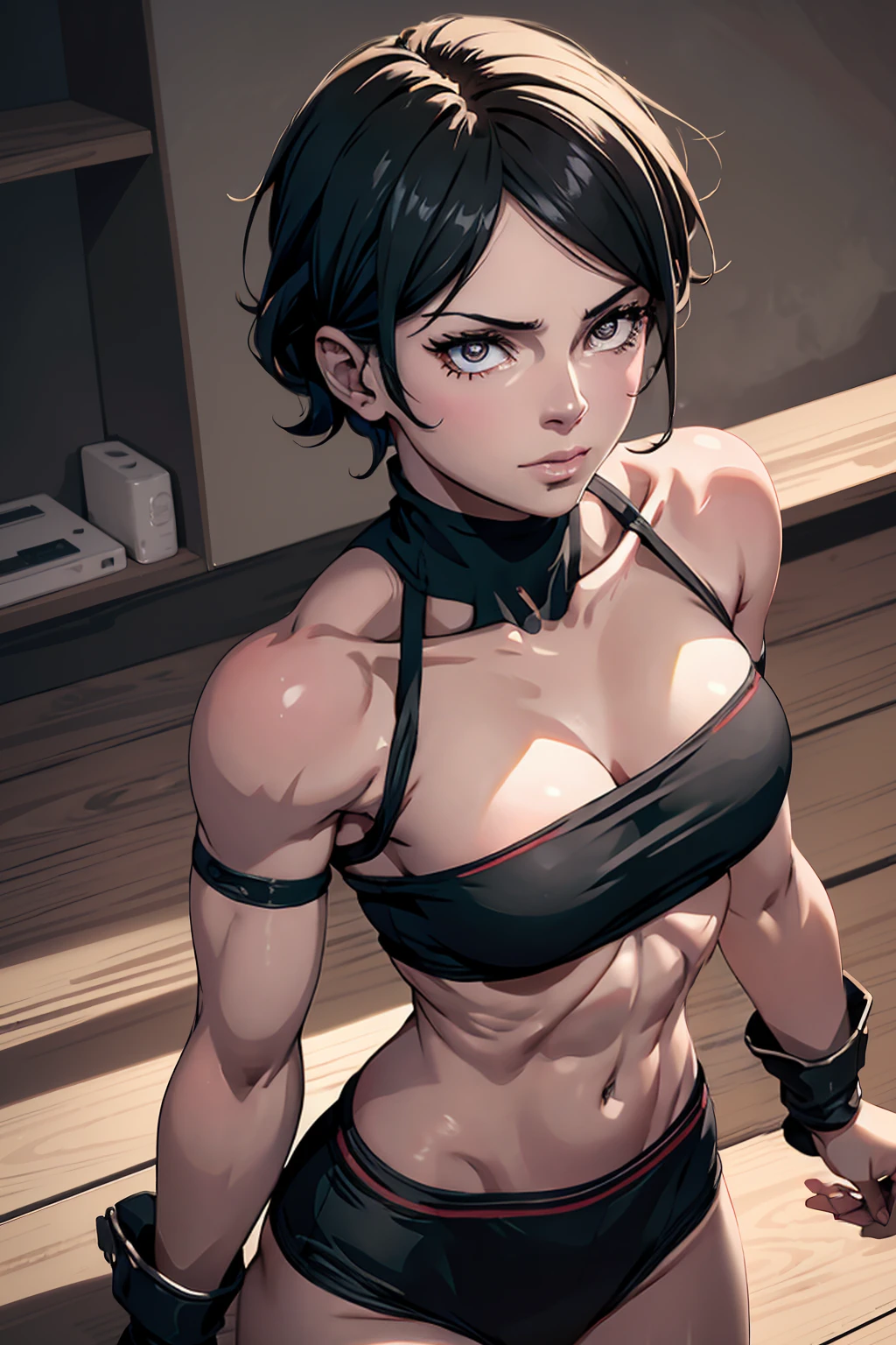 a muscular woman,six pack abs, ripped body, female, naked, full body (best quality,4k,8k,highres,masterpiece:1.2),ultra-detailed,(realistic,photorealistic,photo-realistic:1.37),intricate details,highly detailed face and eyes,extremely detailed skin and muscles,detailed sarada uchiha character,hyper detailed and realistic,dark fantasy,dramatic lighting,cinematic composition
