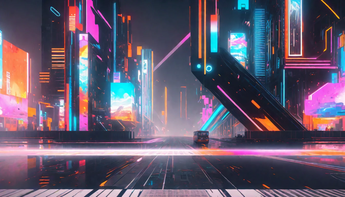 there is a black and white picture of a city with a bus, displacement, abstract environment, displacement mapped, symmetrical digital illustration, concept illustration, digital concept art illustration, rgb displacement, color displacement, videogame inspired, intricate environment - n 9, augments, instrument, environments, light displacement, augmentation, excitement, in style of digital illustration, time displacement device
