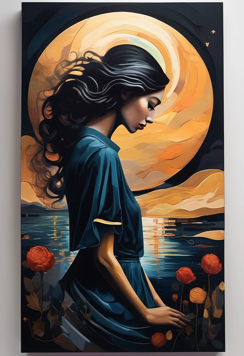 (Sensual illustration chiaroscuro), Illustration art, By Irina Kapi. Surrealism, Vintage Abstraction,  (出窓の外の夜景を眺める女性のPainting:1.2), Super detailed、Woman crying over broken heart looking at night view, Highest quality, masterpiece, Painting, Concept Art, Emotional, Atmospheric, Romantic aesthetics, Represents transformation and the ability to see beyond the surface、Ultra high definition、(deep, Delicate colors) paint (draw) 、最高masterpiece、Highest quality、