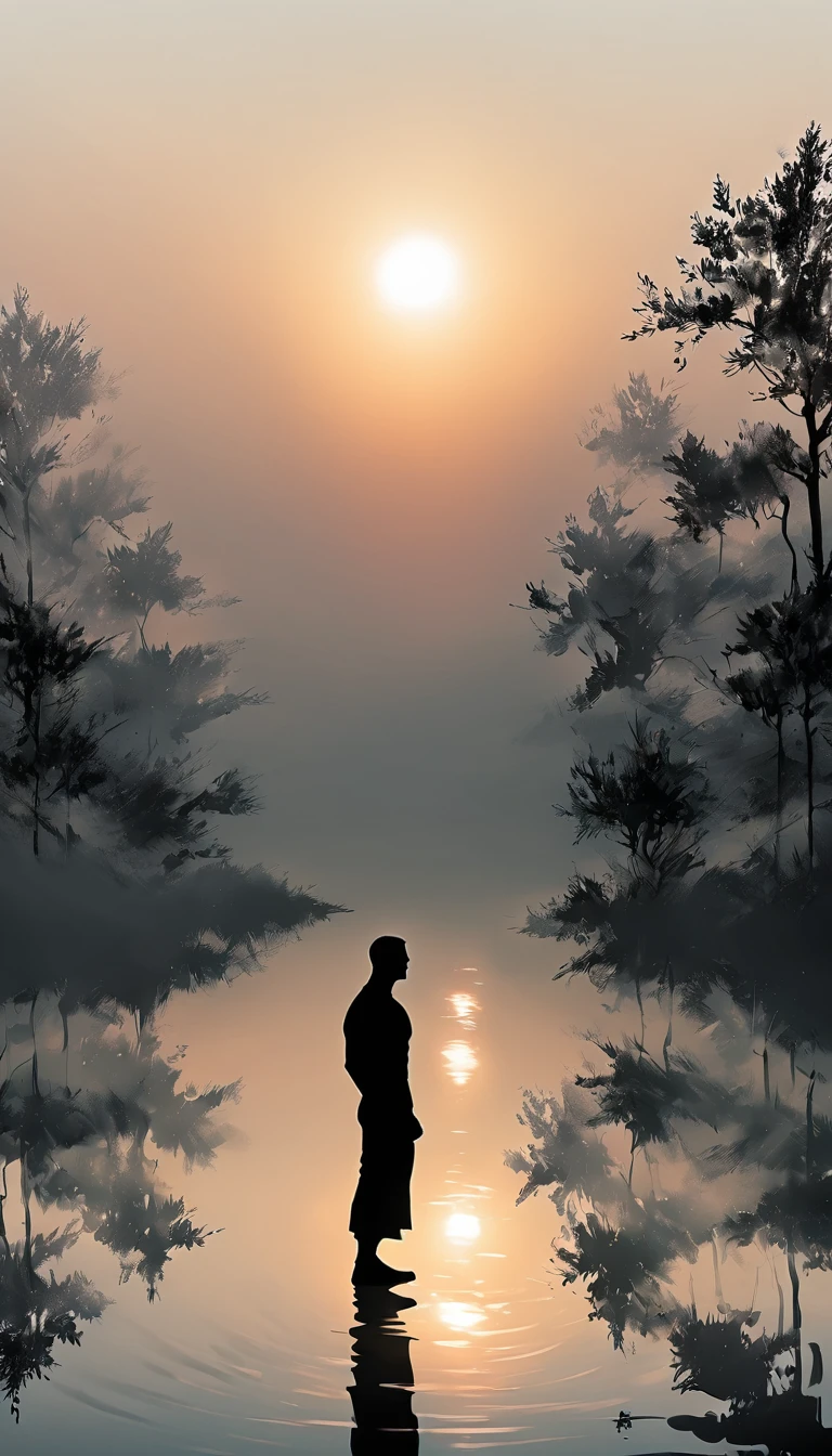 A Strong Buddhist muscular man stands in the smoke, loneliness, Black jumpsuit, Very tight, Silhouette effect, Tall muscular man, Priapus, Dark Black, Dark black skin, Buzz Cut, His muscles are very developed, Very tall, short hair, Blend into the smoke, Lake, Reflection, Sunset, Sunset, Man silhouette, Chinese, black and white, Simple style
