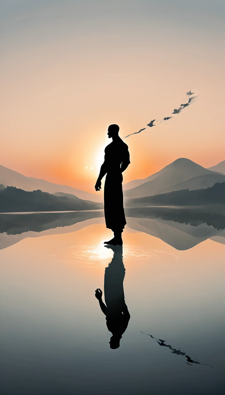 A Strong Buddhist muscular man stands in the smoke, loneliness, Black jumpsuit, Very tight, Silhouette effect, Tall muscular man, Priapus, Dark Black, Dark black skin, Buzz Cut, His muscles are very developed, Very tall, short hair, Blend into the smoke, Lake, Reflection, Sunset, Sunset, Man silhouette, Chinese, black and white, Simple style