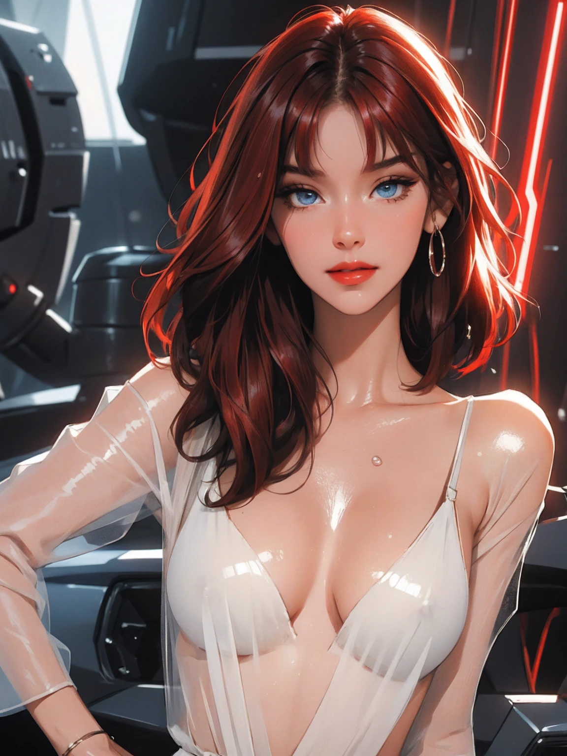 1girl,a beautiful fashion model ,(masterpiece, detailed background, best quality),short and shiny hair, red hair, hair with highlights, bangs, smirk,juicy lips,red lips, calmart, lingerie, stripping, elegant makeup, blue eyes, full body shot, (shiny skin), cyberpunk, sci fi, boa, extravagant jewelry, cocky expression, covered in jewelry, fancy, see through white dress, shiny skin, wet skin. running hand through hair