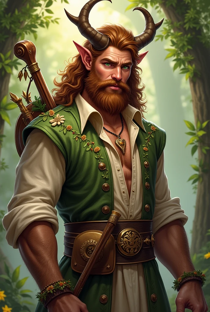 "A gallant and virile adult faun with small, refined horns that curve elegantly from his forehead. He has a jovial figure with a medium build, exuding both strength and warmth. His face, adorned with a well-kept beard resembling a goatee, adds to his rugged charm, along with a slender nose and a few scars from past battles. His skin is sun-kissed, and his dark chestnut brown hair is thick and wavy, cascading around his shoulders with a few leaves and wildflowers interwoven. His eyes are a striking, brilliant green, shining with life and energy. He has more scars scattered across his muscular yet medium-sized body, each one a mark of experience and resilience. He wears a finely tailored vest over a loose, open-necked shirt, decorated with intricate patterns of vines and musical notes in rich, golden thread. A beautifully crafted lute rests on his back, and he holds a well-worn wooden flute in his hand, symbolizing his deep passion for music. His presence is confident and inviting, with a natural air of charisma, while the surrounding air hums with a lively melody that reflects his skill as a bard and his joyful yet battle-hardened connection to the world around him."