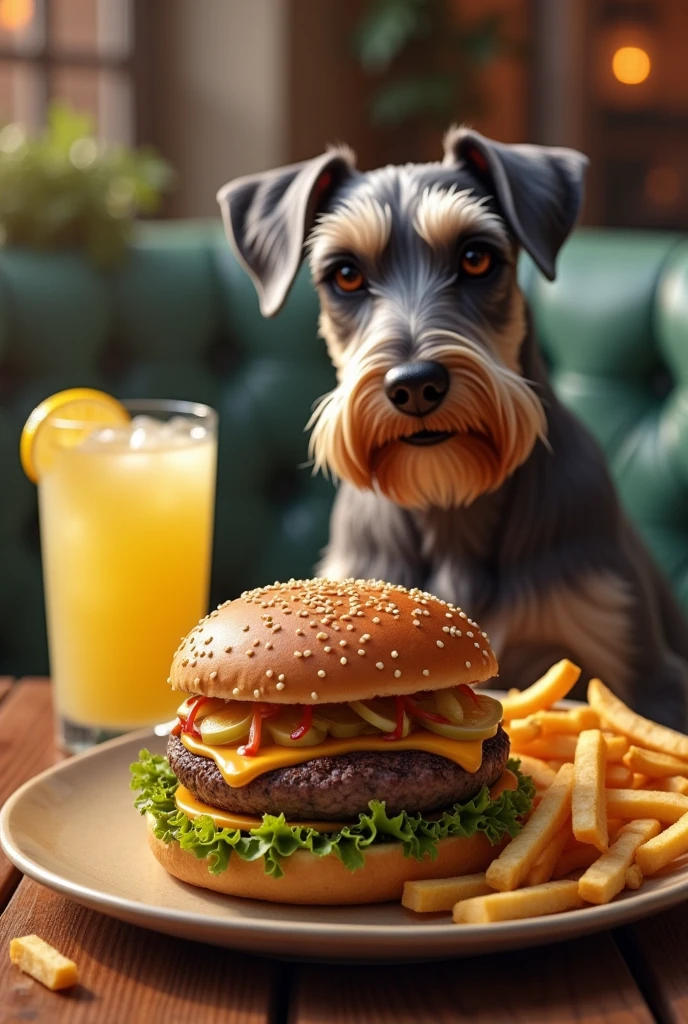 hamburger with fries and a very cold lemonade and a schnauzer dog