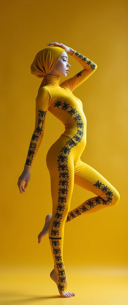 The most beautiful,thin,most pretty and clever malaysian contortion muslimah adult girl wears yellow lycra turtleneck unitard catsuit covered with seamless black bee stripes.She always wear yellow lycra dancewear stretchy square hijab covered with seamless black bee stripes.