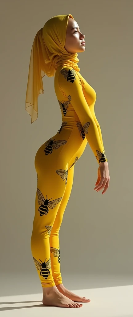 The beautiful Malaysian muslimah adult girl with beautiful cheeks wears yellow Bee lycra turtleneck unitard catsuit covered with black stripes.She has a pair of insect wings.She always wear lycra elastane stretchy dancewear square hijab with antenna.