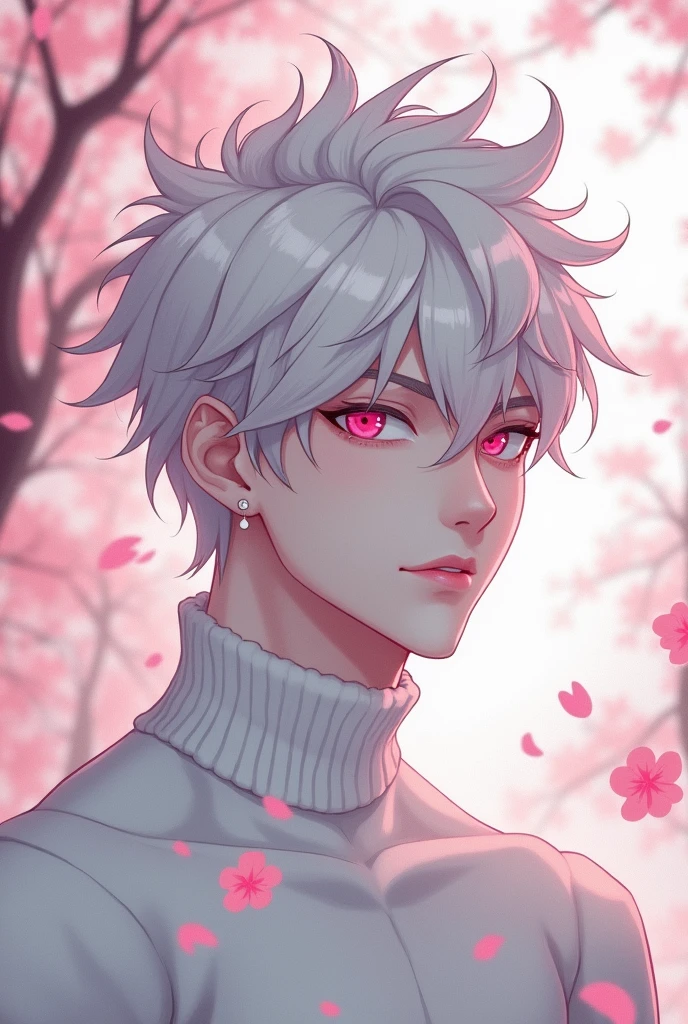 anime character, White hair, spiky hair, Pale skin, pink eyes, Long white eyelashes, male, muscular, white small earrings, big glossy lips, cherry blossom trees, grey eyebrows, white sweater,  vertical split pupils 