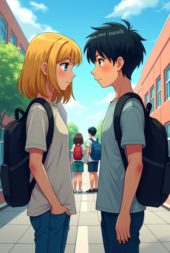 two guys. One has blonde hair and blue eyes, one has black hair and black eyes. Still at student age,drawn  comic style.Fellow high school students stood with their backs turned and looked at each other 