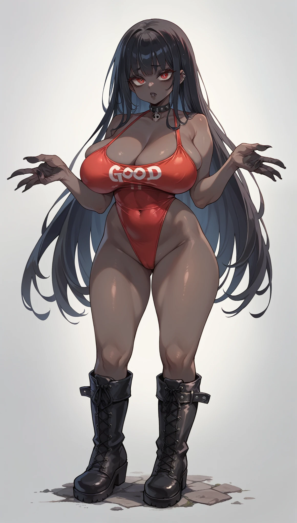 Goth Noir (nod)  wearing a red swimsuit black skin full body Very Very Big  delicious breasts big sagging breasts boots. Good hands 1k  