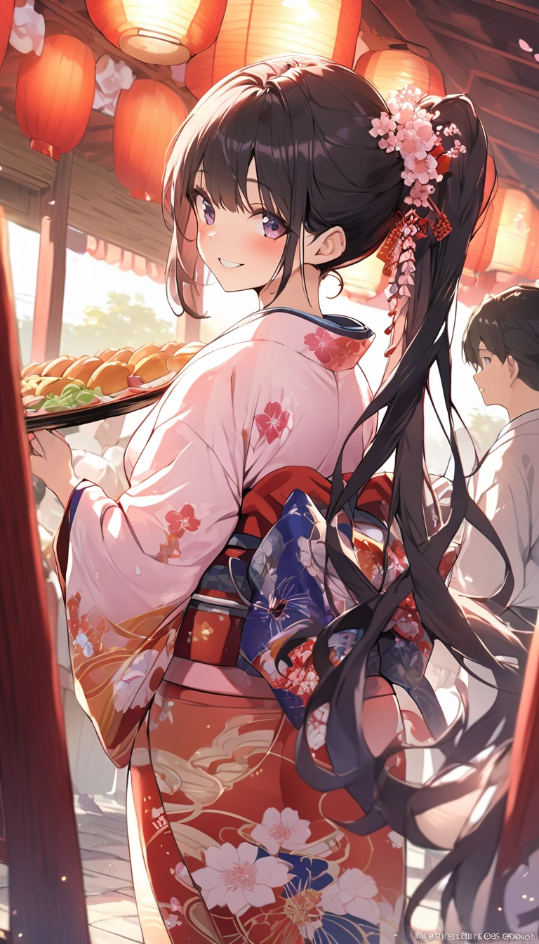 One Woman、beautiful girl、evening、kimono、Beautiful patterned kimono、ponytail、Waraji、School、Back of the school building、spring、cherry blossoms々、はためくcherry blossomsの花びら、Long Hair、Highest quality、Ultra HD、Black Hair、smile、8 heads、White tabi socks、Japanese Umbrella、smile、Cowboy Shot、festival、Many food stalls、Beautiful views、Spread the fan、Elegant Dance、Performing Japanese dance