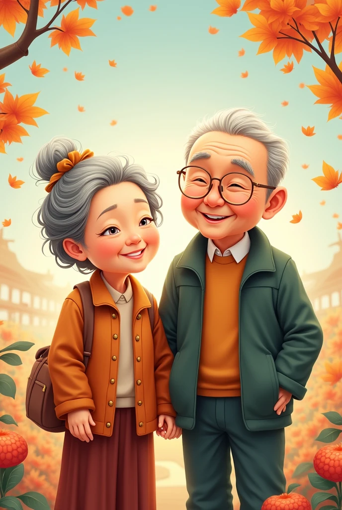 Asian Chinese old couple in cute cantoon both must grey hair traving