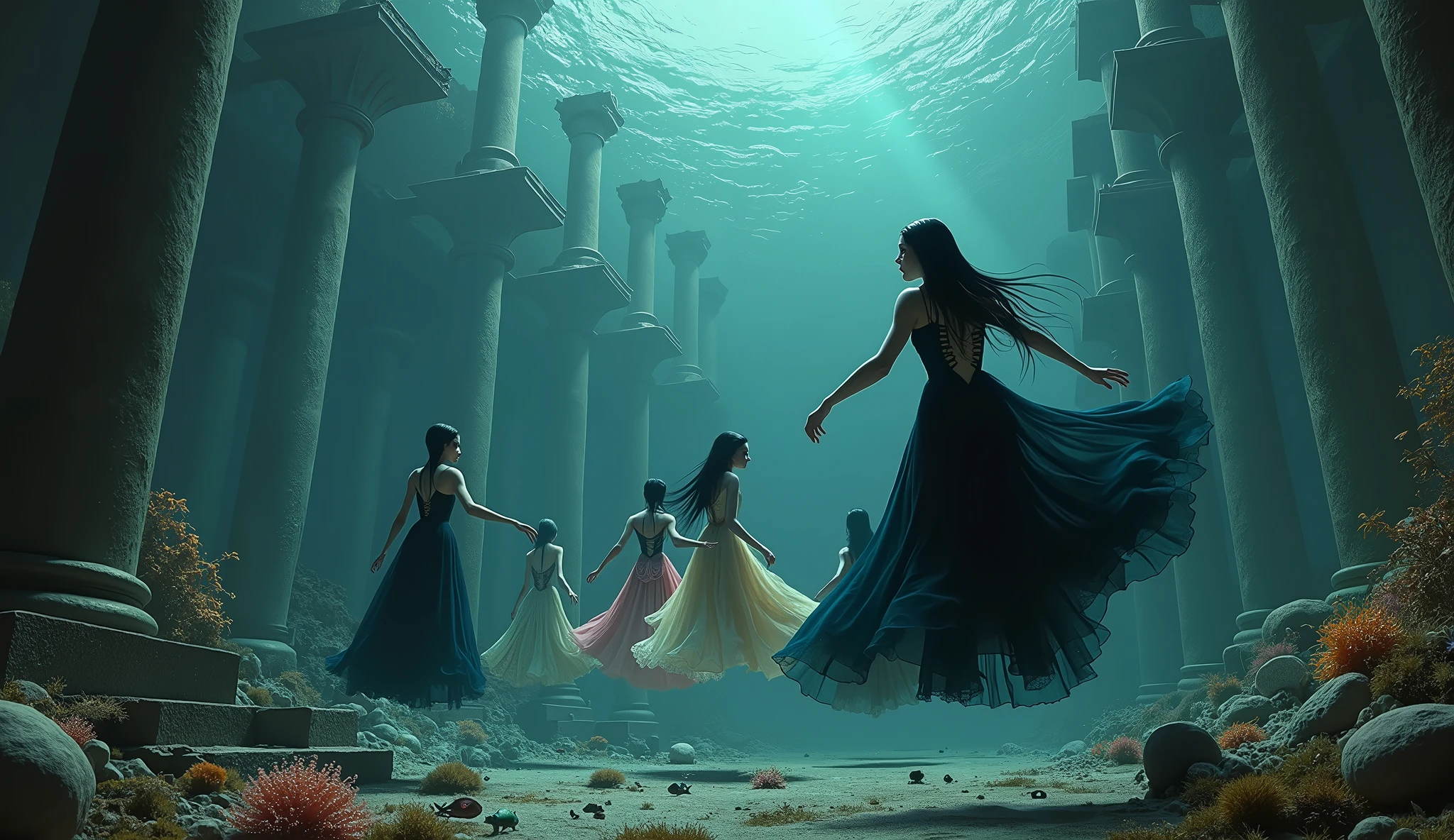 "A full-body shot of a (extra wide angle 1:1) in a dark low light deep sea medeval ballroom in an old gothic palace that has gone under the sea. Super-big ballroom. 2 queen twin sisters and their 5 girlfriends swimming arround in the sea. Swimming horizontally, vertically. The queens have a big light-colored eyes, black super-long long hair. Their girl-friends have a long hair also blue and green perfect detailed eyes.Their wering black dresses. Pink and gold dresses. Dresses in many layered lace and shiffon torned and wet ( perfect hands, five fingers on each hand.) Small breasts cleavage, (hyper realistic perfect eyes 1:1). White perfect skin. Queens surrounded by Perished under-water palace 1:1 Wearing a layered black, white and gold ballroom dresses with lace and shiffon. On the bottom of the sea are golden crowns, adorned with pink crystals 1:1. Bright colourd fishes swimming arround. Cancers. Corals. seamoss. Octopus. The scene a beautiful empresses swimming ghoasts, their long hair flowing all around. Sad. (Best Quality Detailed faces)1:1. A medieval fairytale vibe, with a big black intricate throne in a corner with seamoss on it, a broken medeval chandelier with few broken candles hanging from the ceiling. In a fantastic scene that uses 3D Surreal 3D model. Big gold gothic medieval five armed candlesticks sit on a blacktable on the seafloor, surrounded by crystal wine glasses—one tipped over and broken. The entire setup is Best Quality, masterpiece 1:1, capturing the essence of a beautiful and happy girls, fantastical gothic setting, Dark deep sea Low lighting under neath, framed with the grandeur of medieval gothic style. (8K).