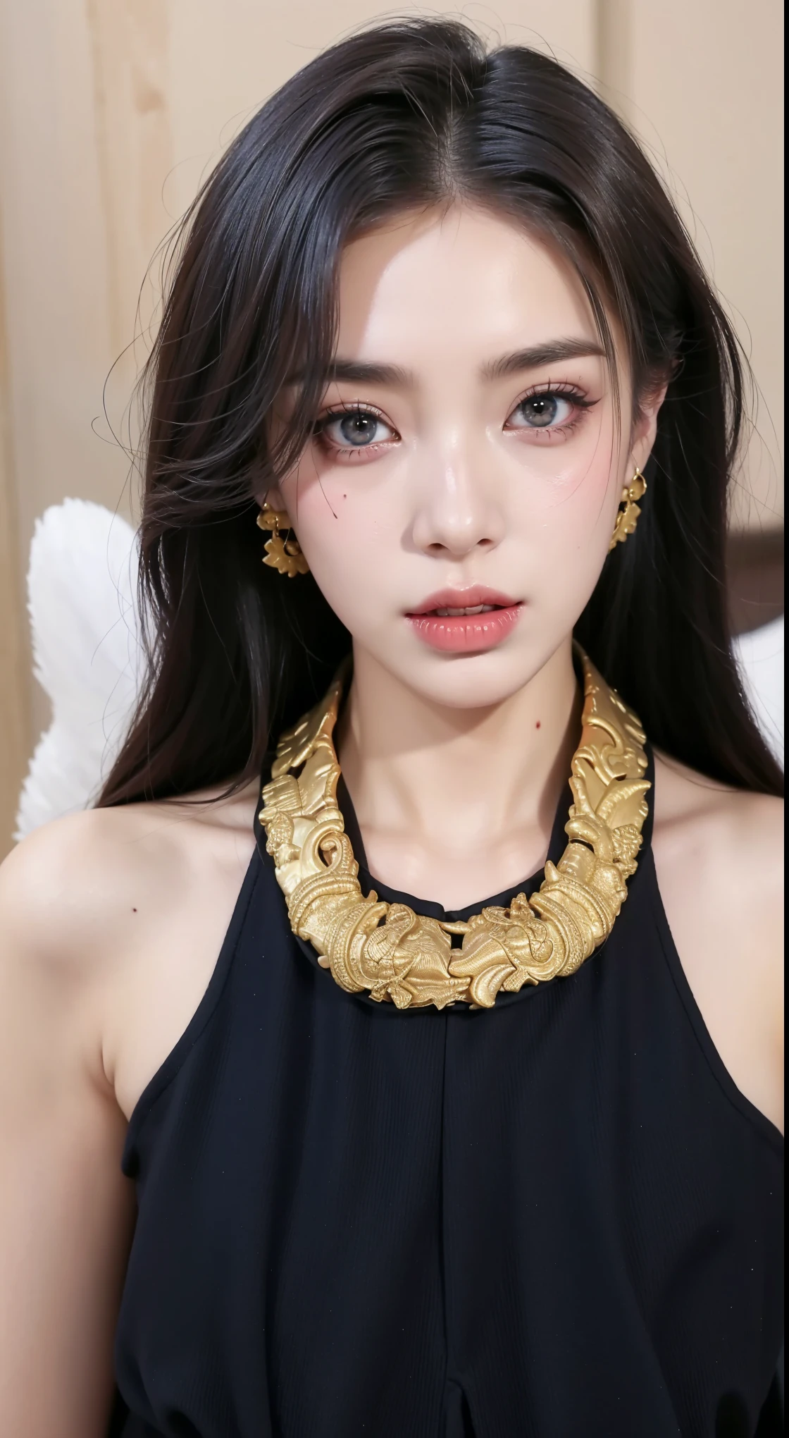 a close up of a woman wearing a black dress and a necklace, wearing elegant jewellery, gorgeous chinese model, gold jewelry, wearing jewelry, wearing gold jewellery, gold jewerly, gold necklace, inspired by Dai Xi, inspired by Huang Ji, attractive neck, choker on neck, luxurious neckless, choker around neck, wearing gold detailed choker