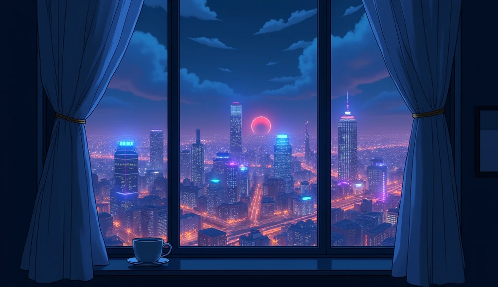 Outside the window is a neon city、night、Anime Style、coffee、There is no one、curtain、Cloudy