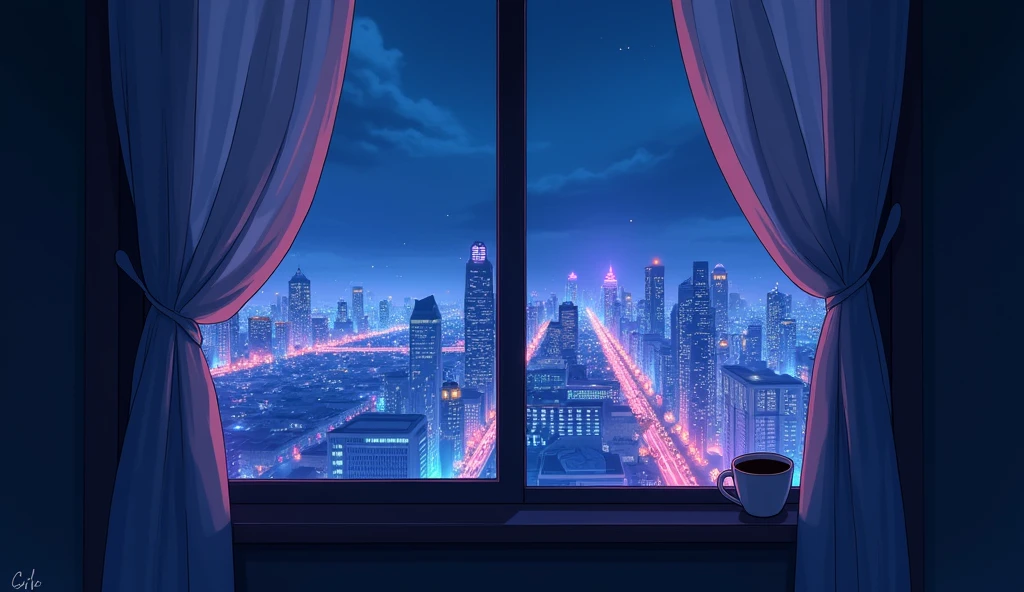 Outside the window is a neon city、night、Anime Style、coffee、There is no one、curtain、Cloudy