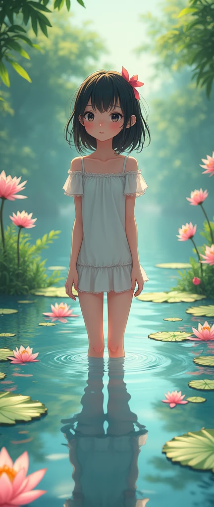 (superflat, flat shading, flat colors:1.1), 1girl, loli, petite, summer dress, spread legs, sitting on grass, (peeing:1.3), blush, embarassed, by the river, volumetric lighting, soft light, bright, vibrant colors, watercolor