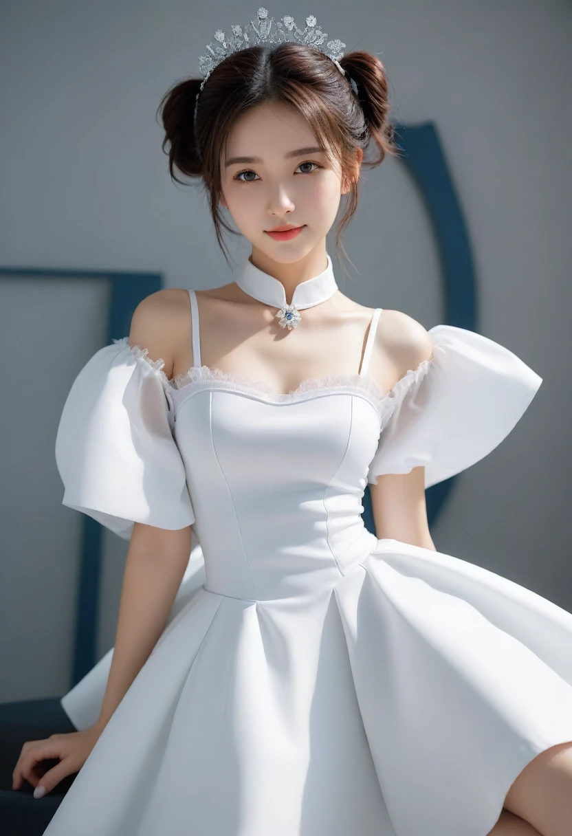 8k, Ultra-high resolution, Highest quality, masterpiece, Rule of thirds photograph,surreal, photograph, 1 Girl,ld:1.3), pretty girl, Cute face, Beautiful eyes in every detail, Detailed,masterpiece,, One Girl:1.2, Virginia Otild girl、美しい cyborg mixed maid female, Mecha cyborg girl,Mecha Body Girl,She wears a futuristic mech, victorian maid dress, from the front, From the skirt up,Cute room, bed room, bed,Beautiful leg line beauty,Full of sex appeal,sensuous,A carefree smile,Heal the heart,Short ponytail、beauty,Long neck、Laugh a little、Please close your mouth and laugh、(((Ideal body type))),A cup small breasts :2,、Portraiture:2、Perfect Anatomy、Vividly detailed、detailed、surreal、Light and shadow,Strong light