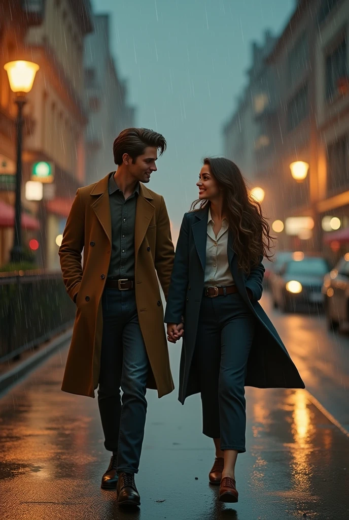 Picture that shows the back of A 20 year old couple are walking in the rain in San Francisco. Smiling at eachother the man is white and  handsome chiseled jaw and tall has a short flowy middle part  perm haircut wearing a long coat. The woman has button nose with blue eyes and long hair and brown hair wearing a blazer with formal pants. It’s raining and there is street lamps in the background  than man wanted to spin her. The picture is like a old painting 