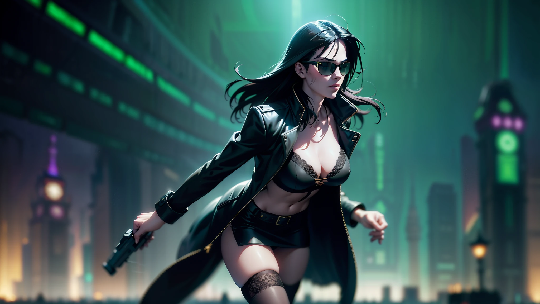 cyberpunk-style city with a nocturnal vibe with Matrix-like aesthetic references, glowing huge clock tower as time machine, green glowing cascading code. At night, (1girl, solo, alone), photorealistic, medium-breast slim:0.6 body, oval:0.5 face, cleavage:1.1, sexy black laced bra, miniskirt, white laced panty, coat, (black micro sunglasses), (holding a short gun), (slightly leaning forward running pose), ((half-body thigh level medium shot)), cinematic lighting, ray tracing, motion blurred background.